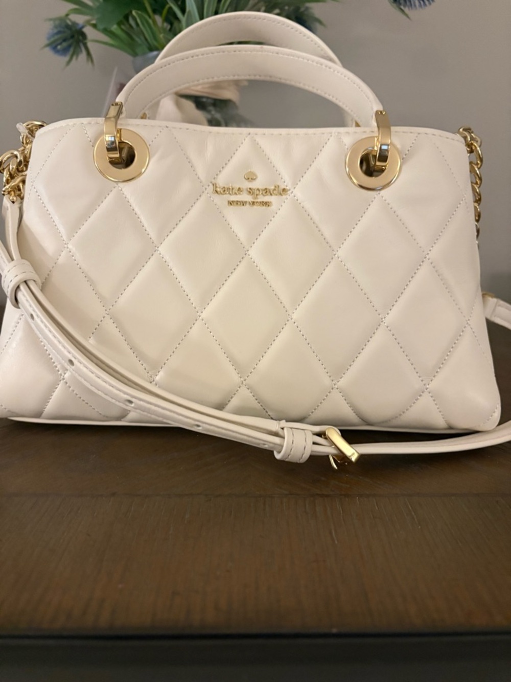 kate spade Cream Quilted Leather Satchel with Gold Hardware and Chain Strap